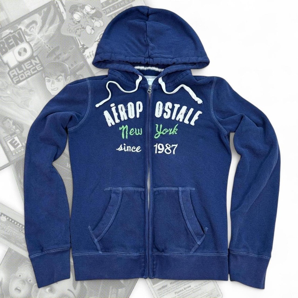 Vintage Y2K Navy Blue Graphic Embroidered Aeropostale New York Zip Up Hoodie